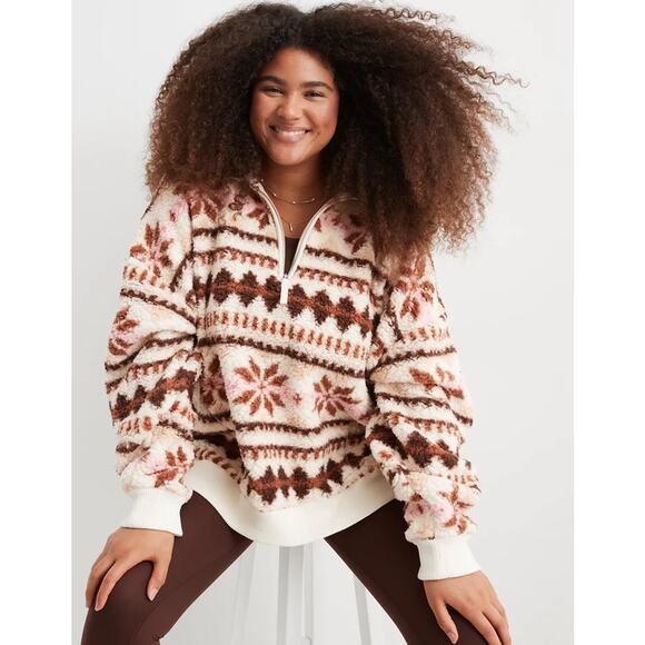 Aerie Hometown Holiday Quarter Zip Sherpa Sweatshirt Fluffy Oversized Size XS - Picture 1 of 9